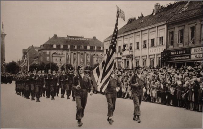 The soldiers of Operasjon Rype marching in Trondheim on the 17th May 1945 The first Constitution Day Norway could celebrate in more than 5 years